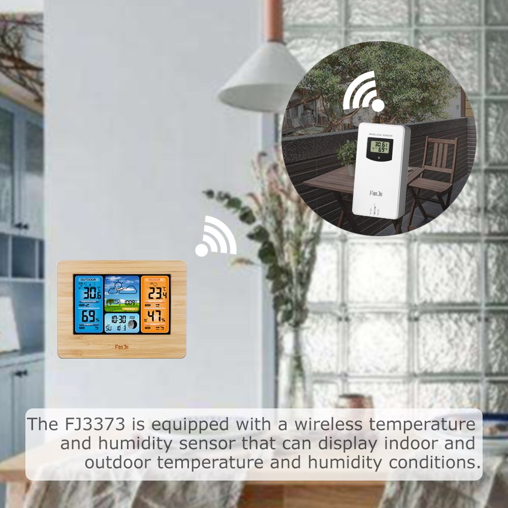 FJ3373 Wall Desk Alarm Clock Weather Station Digital Thermometer Hygrometer Wireless Sensor Forecast Temperature Watch