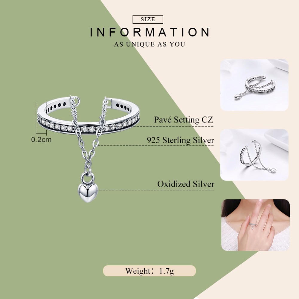 BAMOER 100% 925 Sterling Silver Stackable Clear CZ Heart Chain Double Layer Ring for Women Wedding Jewelry SCR291