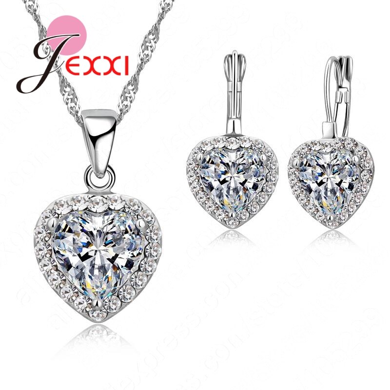 Trendy kærlighed hjerte vedhæng 925 sterling sølv fine smykker cubic zircon halskæde øreringe til kvinder bryllup sæt