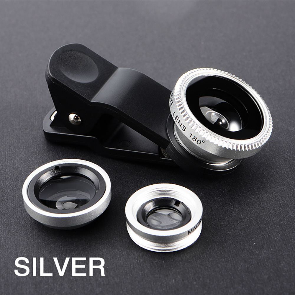 Objectif de téléphone Fisheye 3 en 1, Zoom grand Angle 0,67x, Macro œil de poisson, Kits de caméra pour Smartphone, Zoom œil de poisson avec Clip de téléphone: Argent
