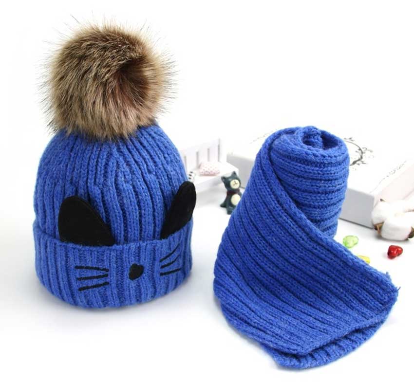 Vinter hat og tørklæde sæt til børn piger børn kasket tørklæder drenge ribbet strikket pels pompon kasket varm 2 stk dragt kat  m5300: Blå