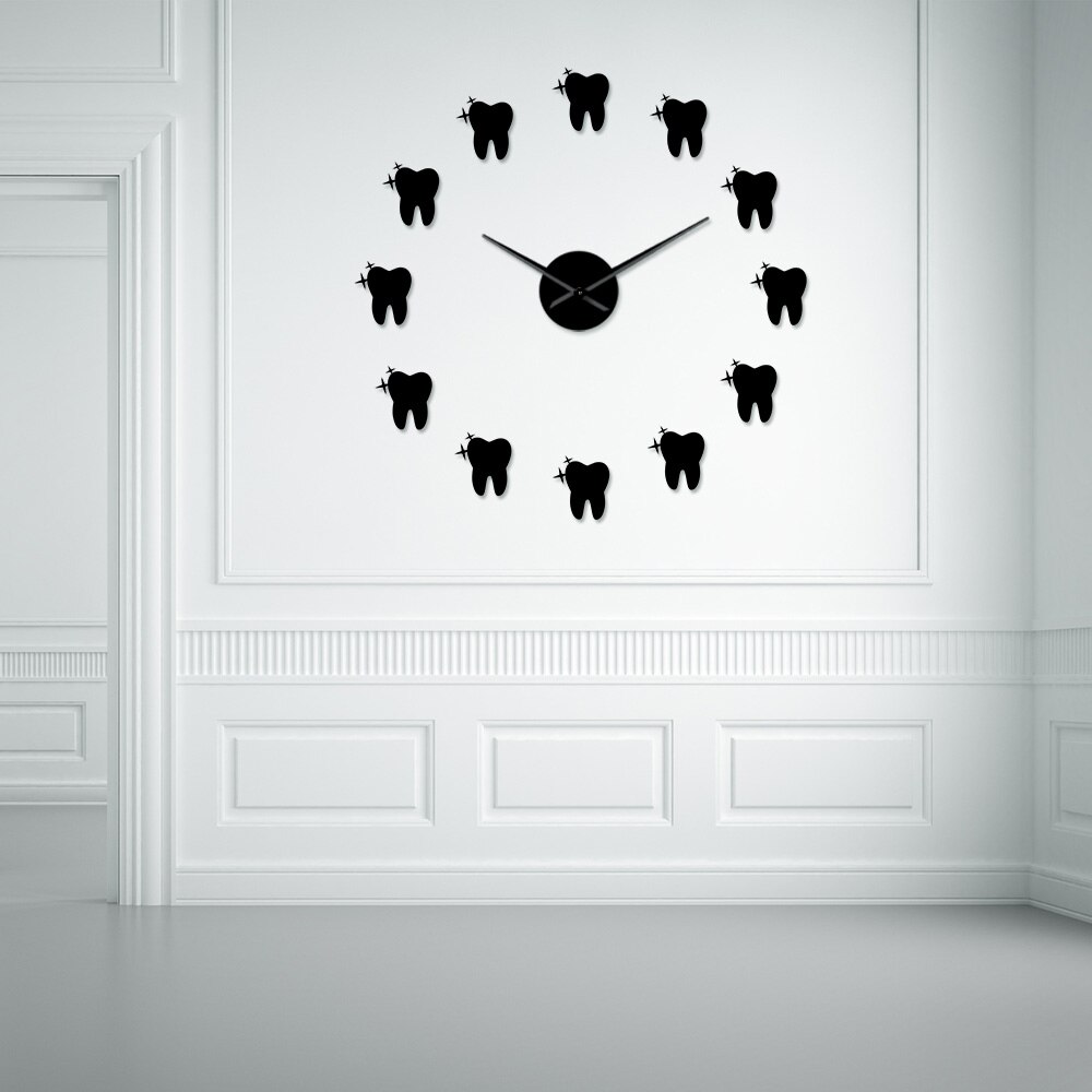 Teeth 3D Mirros Stickers Modern Tooth Style DIY Large Wall Clock Dental Office Wall Decor Silent Non Ticking Big Clock