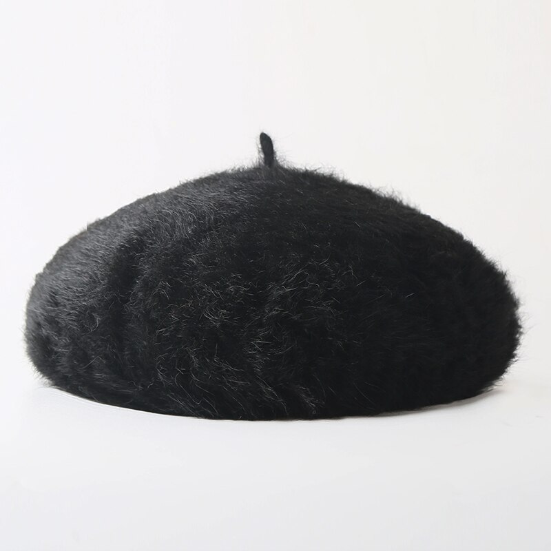 Høst vinter kanin pels beret lue for kvinner jenter solid varm baret fransk lue utendørs reise beret maler lue dame cap: Svart
