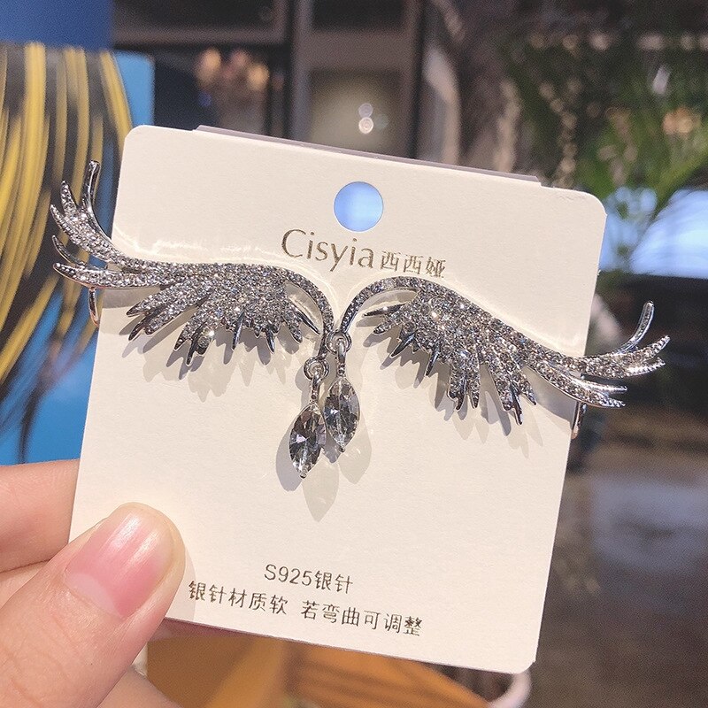 Flash Diamond Earrings Angel Wings Wings Zircon Exaggerated Earrings Retro Ear Bone Clip Female