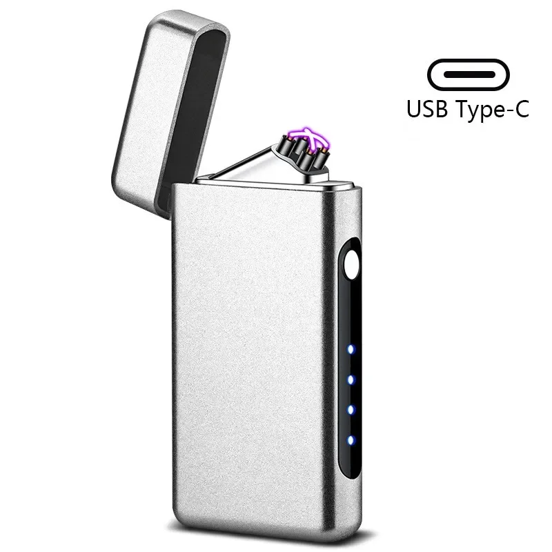 Winddicht USB Typ-C Lade Doppel Arc Feuerzeug Plasma Outdoor Puls LED Display Bildschirm Männer Wiederaufladbare: Silber
