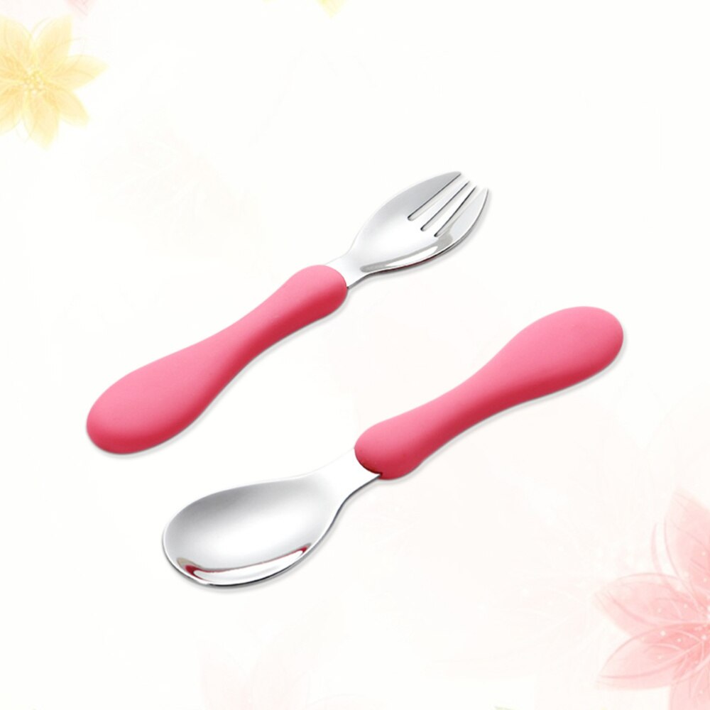 Children Spoon Portable Silicone Handle Stainless Steel Fork Safety Baby Feeding Spoon Eating Training Spork Kids Tableware(