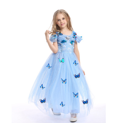 Lolita kjole prinsessekjole ett stykke langt skjørt jente bryllup bursdagsfest kjoler for jenter barnekostyme: Blå / 131cm-140cm
