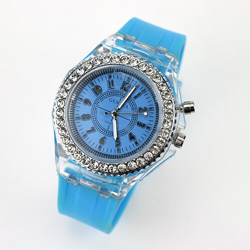 Led-flitser lichtgevend horloge met gelei, rubber, dameshorloge, studentenhorloge, quartzhorloge, lichtgevende klok, liefhebbers: Hemelsblauw