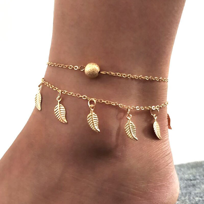Tobillera bohemia pulsera en la pierna corazón tobilleras femeninas descalzo para mujer cadena de pierna joyería de pie de playa: Color dorado