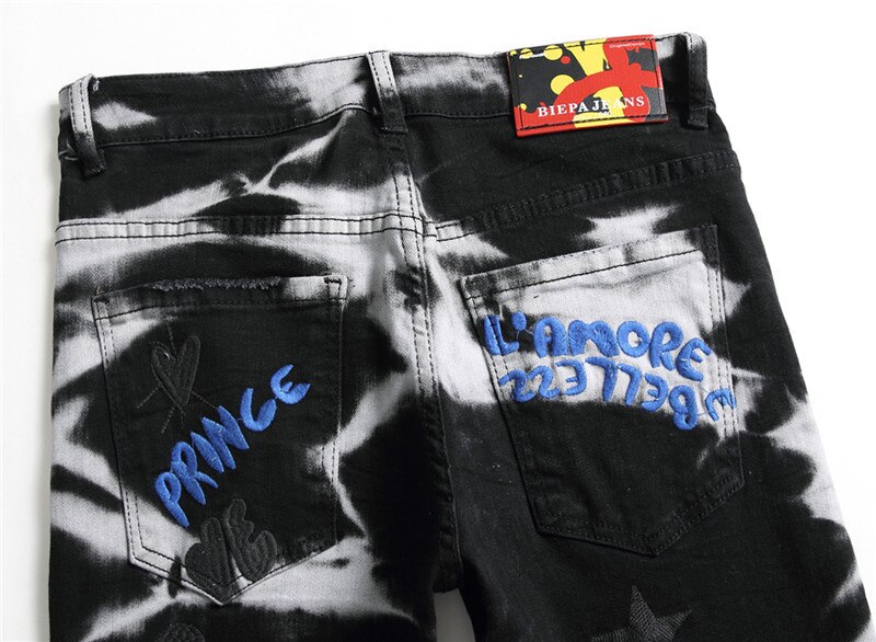 Jeans Hombre Men Pants With Holes Sticking Cloth Elastic Letter Embroidery Small Foot Jeans Hip Hop Jeans Men