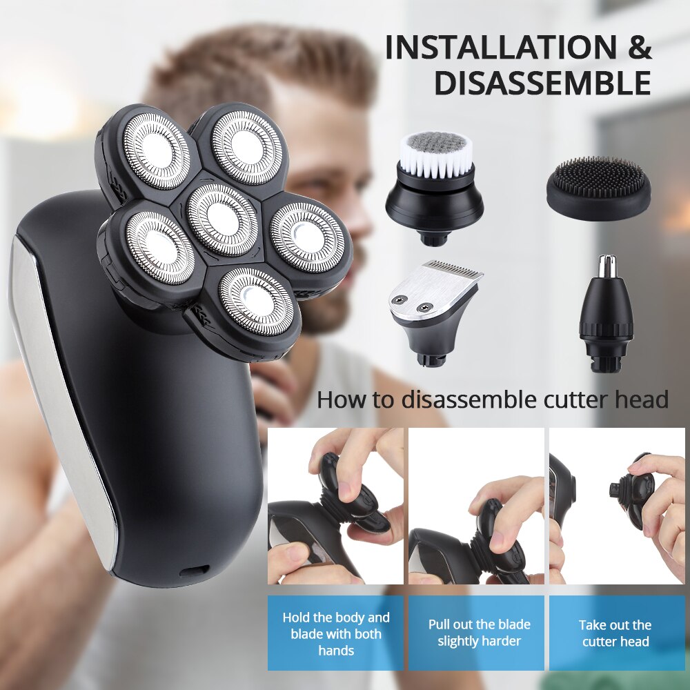 5 In 1 4D Men's Rechargeable Bald Head Electric Shaver 5 Floating Heads Beard Nose Ear Hair Trimmer Razor Clipper Facial Brush