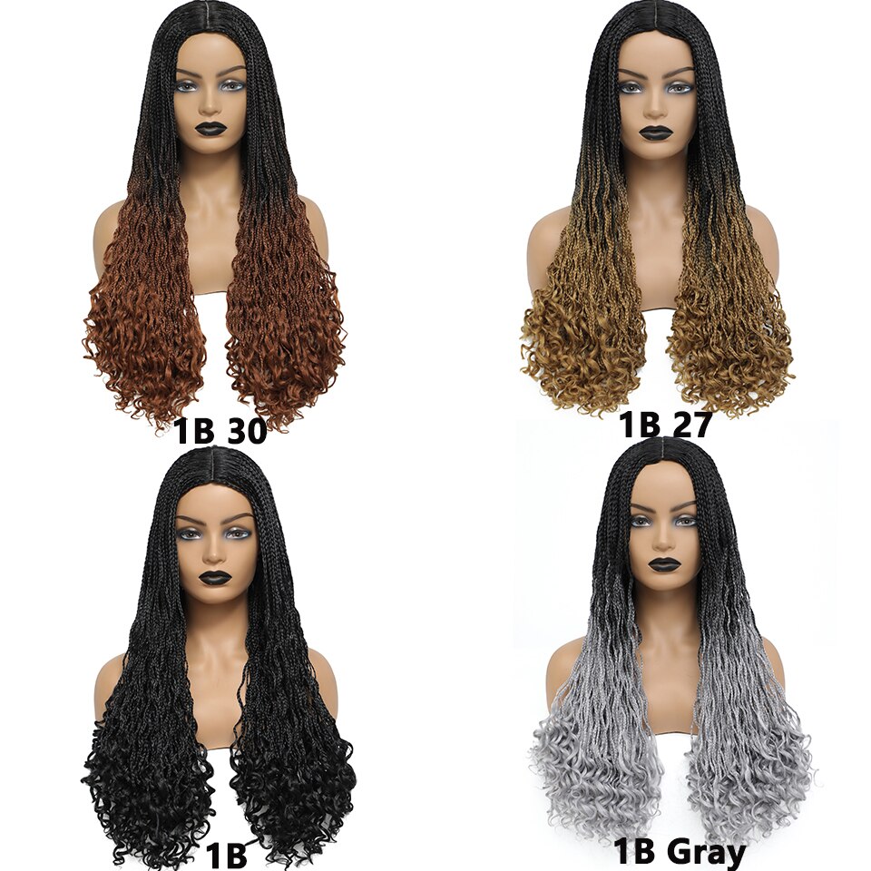 26 Pouces Tressé Perruques Longue Boîte Tresse Perruque Avec Ondulé Fin Perruque Tresse Africaine Natte Collée Faux Cuir Chevelu Résistant À La Chaleur Tresses Perruque