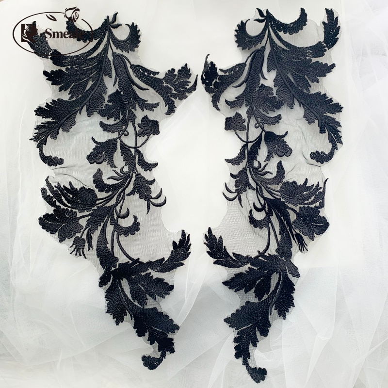 Zwart rood ivoor rayon katoenen draad kant spiegelbloemen bruiloft kant bloemen applicatie patch  rs2736