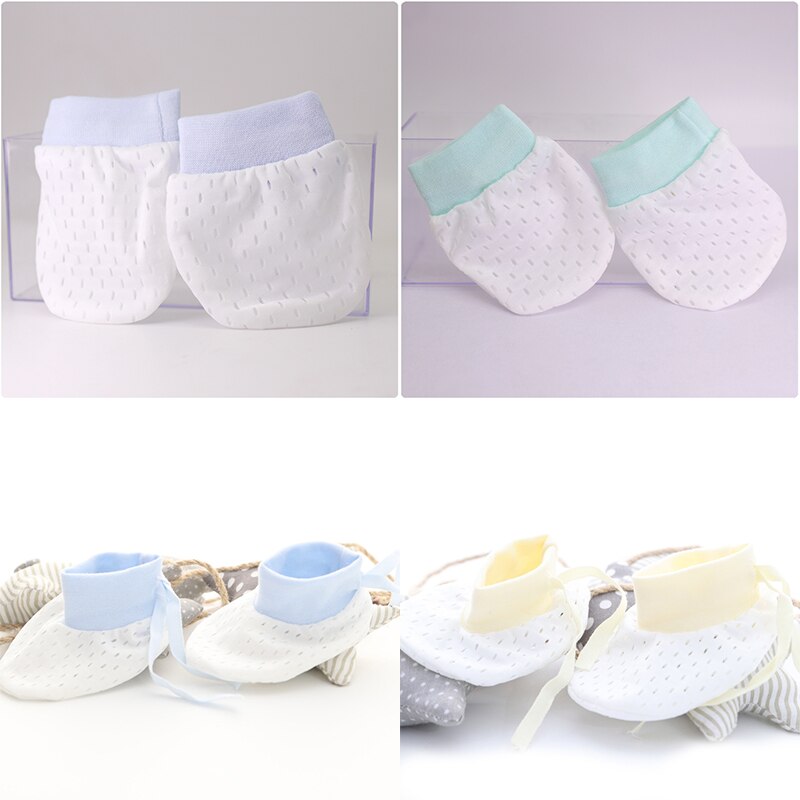 4 pares bebê recém-nascido algodão luva da mão luva do bebê anti risco malha respirável gelo tecido de seda do bebê resistente a riscos luvas: Set2-2Glove 2Sock