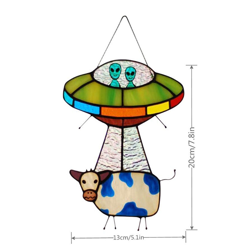 Malowane UFO wisiorek krowa witraż Suncatcher płyta okienny kreatywne drzwi wiszące ogród dekoracji wnętrz Y1QB