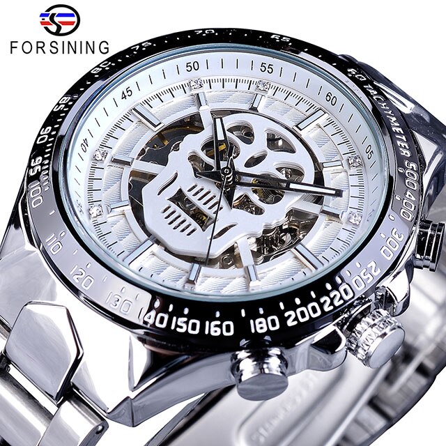 Forsining Brand Mannen Mechanische Horloges Spook Hoofd Schedel Skelet Automatische Zilver Rvs Sport Relogio: GMT1107-3