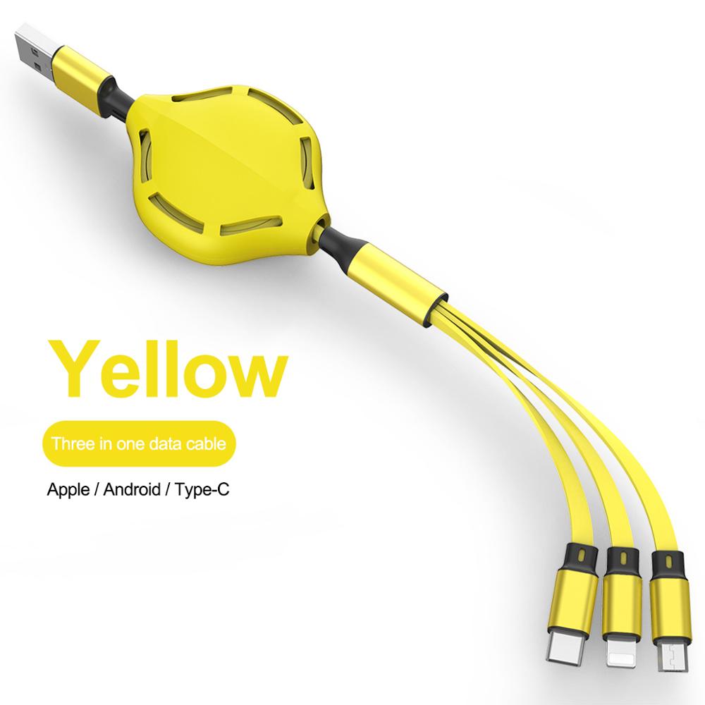 Rétractable 3in1 2in1 USB Type C Micro USB 8 broches câble pour iPhone Huawei chargeur câble 110cm 2A charge rapide USB C câble: YELLOW