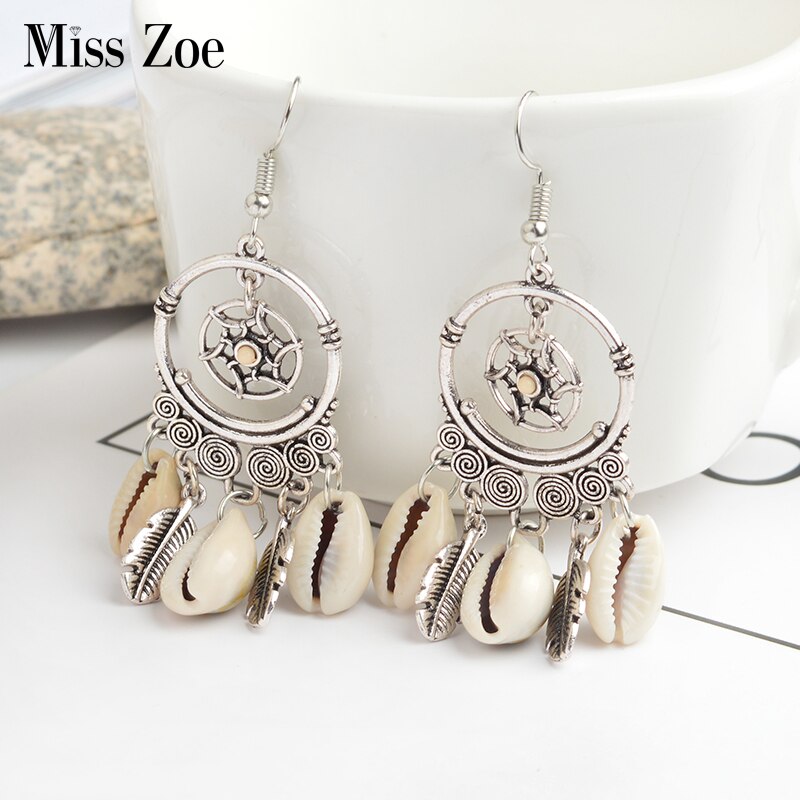 Miss Zoe-pendientes de gota con borlas y conchas de plumas para mujer y niña, joyería con abalorios étnicos, bohemios, Vintage