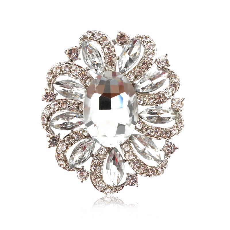 Fabriek Directe Verkoop Klassieke Kristallen Steentjes en Grote Ovale Acryl Bloem Broche Pins voor Vrouwen in Diverse Kleuren: clear silver