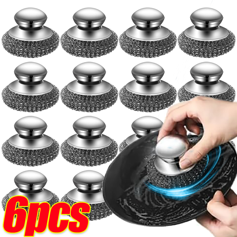 Stainless Steel Pot Brush With Handles Dishwashing Wire Ball Heavy Duty Metal Scrubber For Dishes Pan Household Cleaning Tools