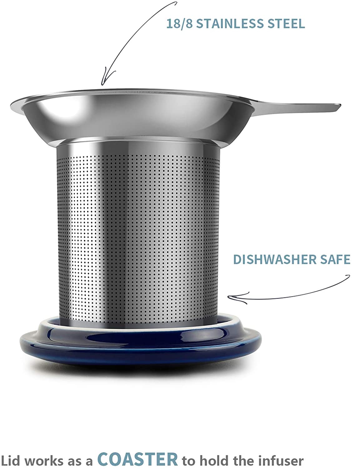 201.103 Porcelain Tea Mug with Infuser and Lid, 15 OZ, Navy Tea Cup with Infuser Green Tea Stainless Infuser Metal Mesh Tea