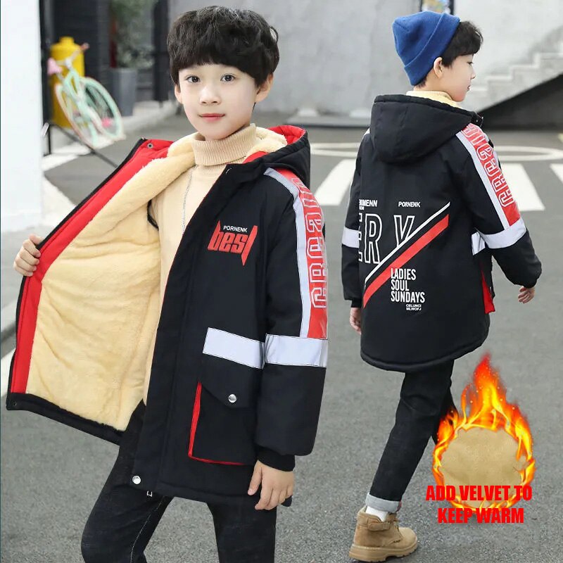 Polyester Winter Jacke Für Jungen Neue Plus Samt Verdickung warm Halten Winddicht Mit Kapuze Kragen Spleißen freundlicher Kleidung