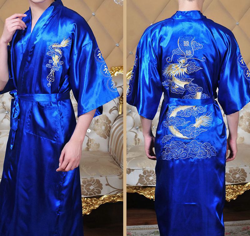 Chinese stijl gewaad klassieke borduur draak kimono man homewear lange badjas satijnen nachtjapon losse nachtkleding loungewear