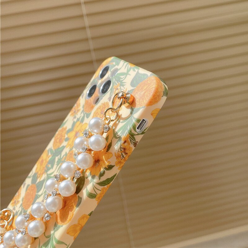 Lovecom Vintage Gele Bloem Parel Strass Pols Chain Strap Case Voor Iphone 11 12 Pro Max Xs Max 7 8 plus Soft Cover