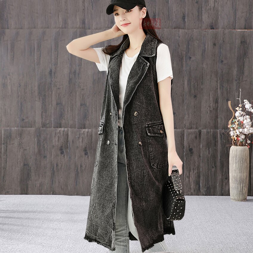 Chaleco vaquero largo con bolsillos grandes para mujer, chaqueta sin mangas de talla grande, color negro, a la