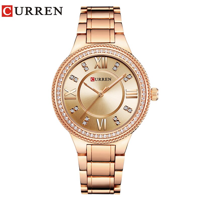 CURREN Luxe vrouwen Casual Horloges Waterdicht Horloge Vrouwen Mode Jurk Rhinestone Rvs Dames Klok: rose