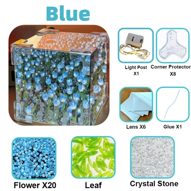 Lámpara de mesa de tulipán artesanal para dormitorio, luz nocturna de espejo de tulipanes, flor de simulación hecha a mano, de cumpleaños: Azul