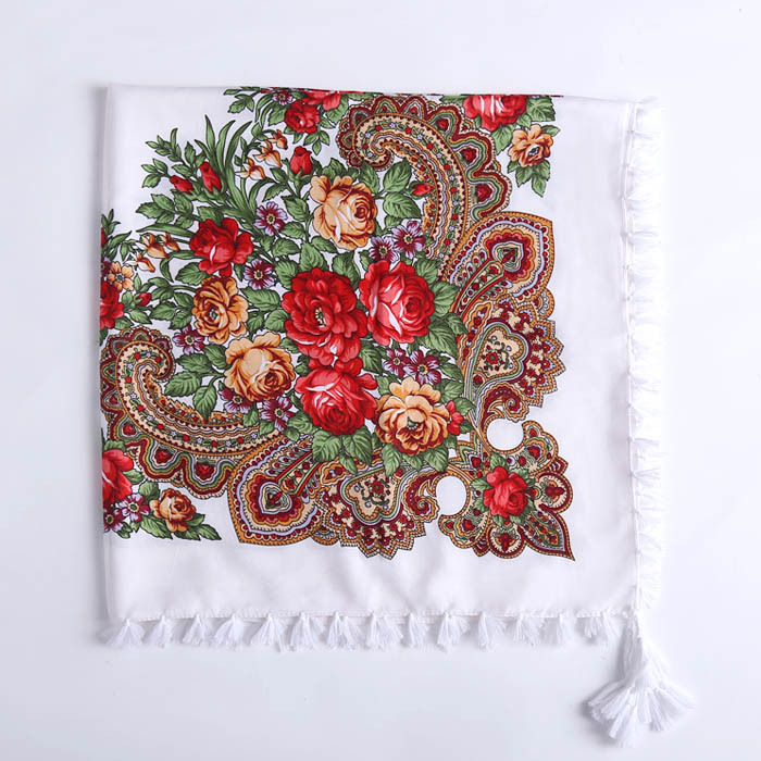 90*90CM Women Russian Style Peony Floral Printed Long Tassel Large Square Scarf Warm Wrap Traditional Ethnic Mexican Shawl: Yellow