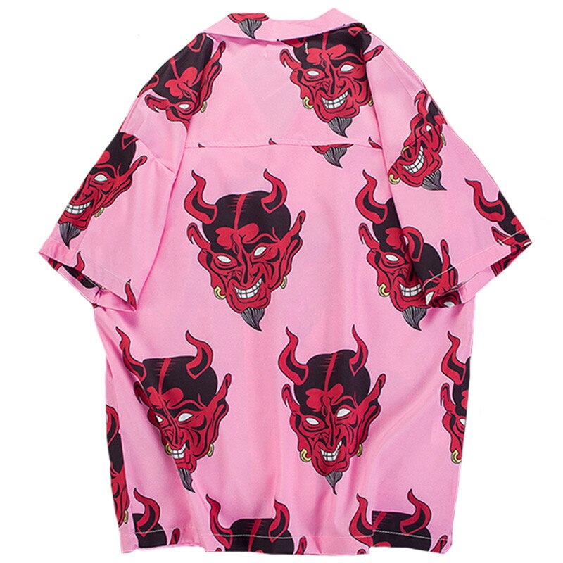 Harajuku devil head shirs sommar strandskjorta hawaii tunn hiphop streetwear mens hawaiian kortärmad rosa tees  hh139