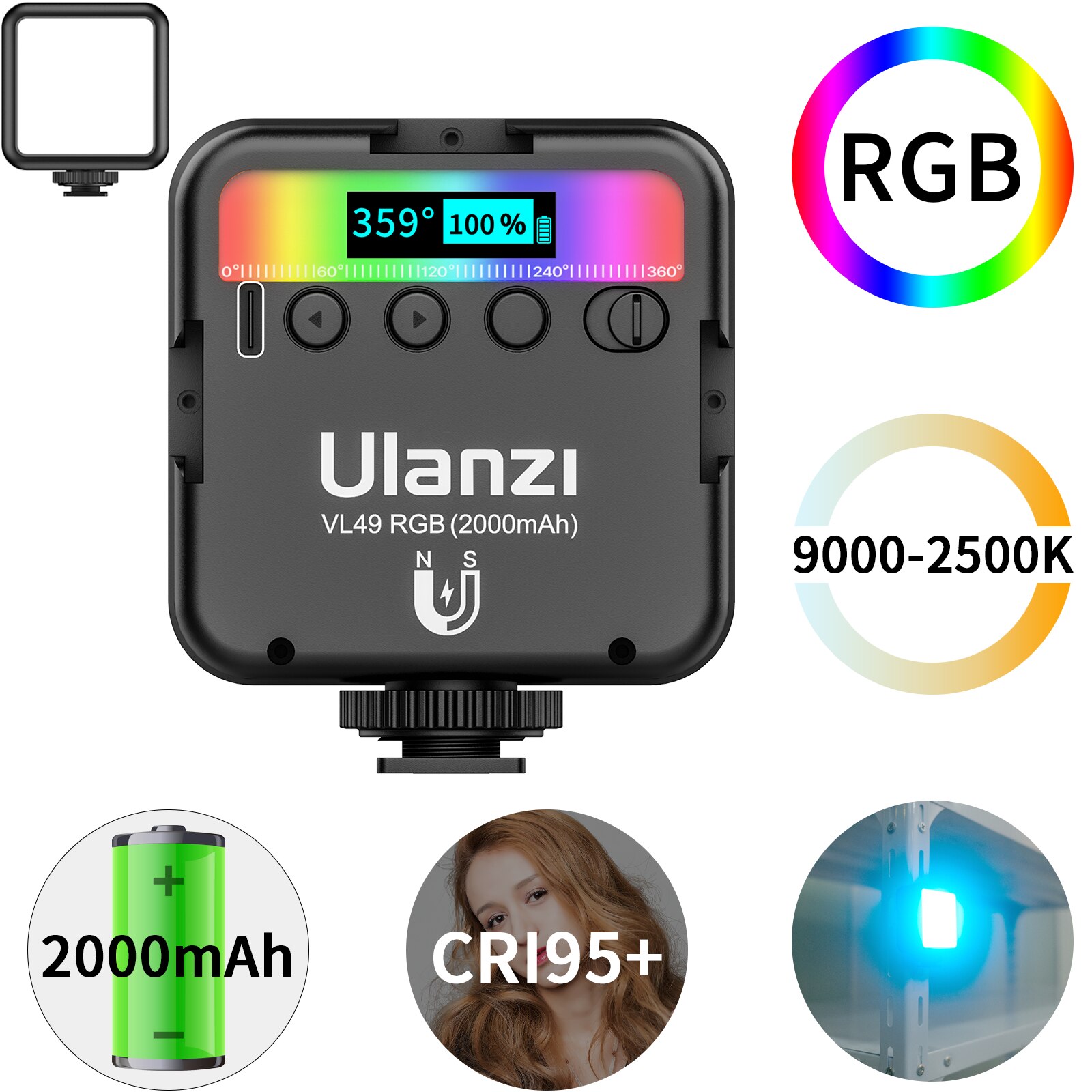 Ulanziフルカラーポケットrgb ledビデオライト2500-9000 18kとコールド靴写真照明vlog補助光一眼レフカメラ用