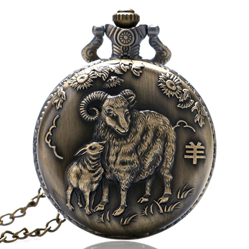 YISUYA Antique Chinese Zodiac Goat Quartz Pocket Watch Necklace Pendant Birthday Men Women Boy Girl Kid Bronze Steampunk