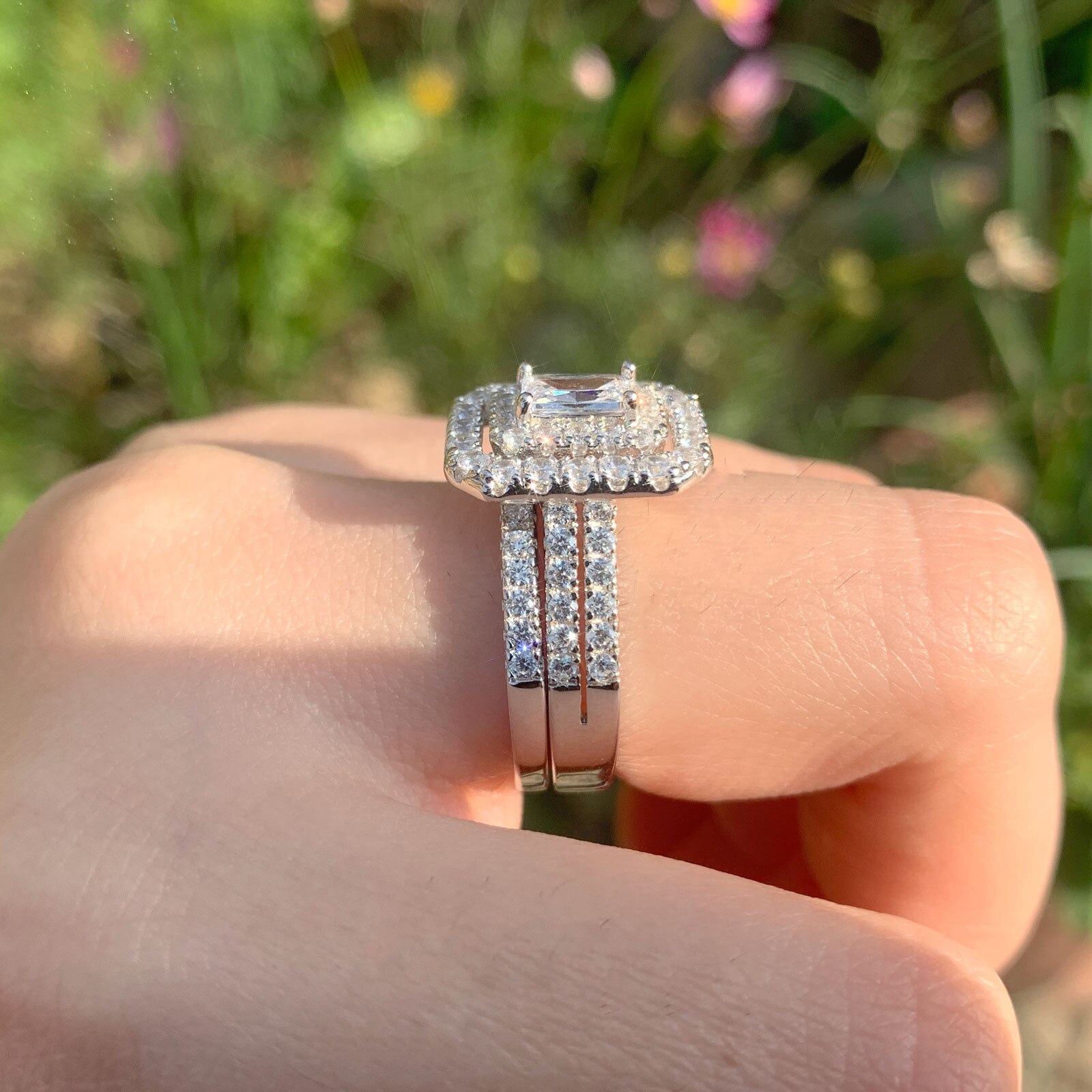 Newshe 2 Pieces 925 Sterling Silver Engagement Wedding Rings Sets For Women Double Halo Rectangle AAAAA CZ Gorgeous Jewelry