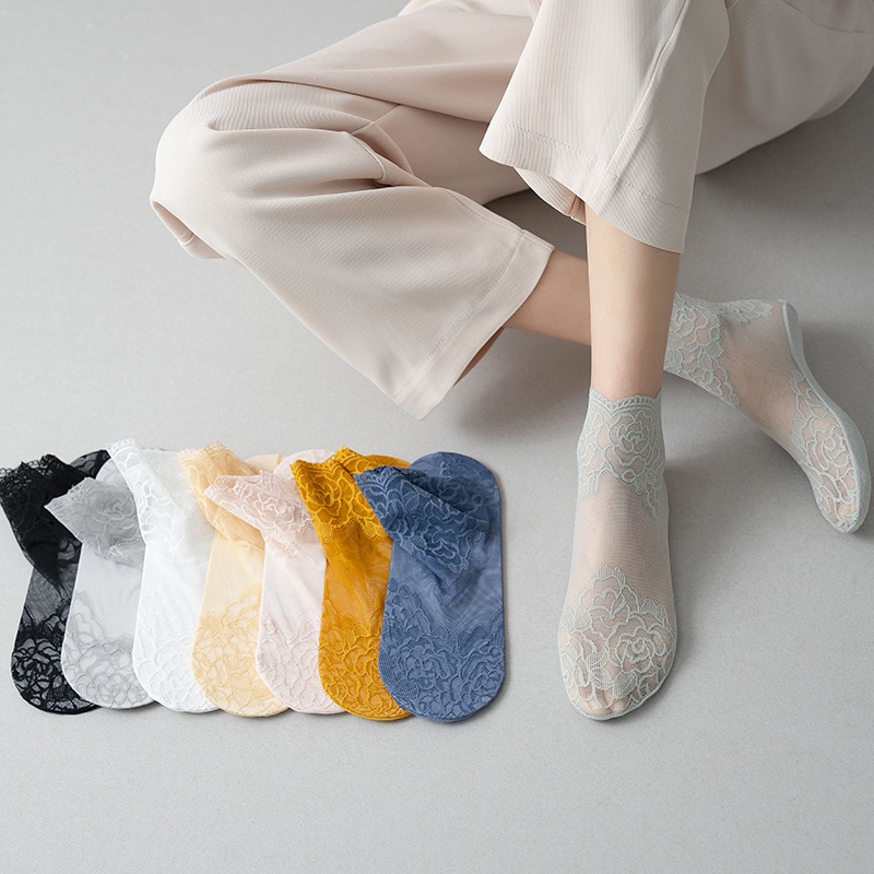 Kvinder blonder sokker forår sommer sokker kvindelige blonder ankelstrømper gennemsigtig tynd koreansk stil