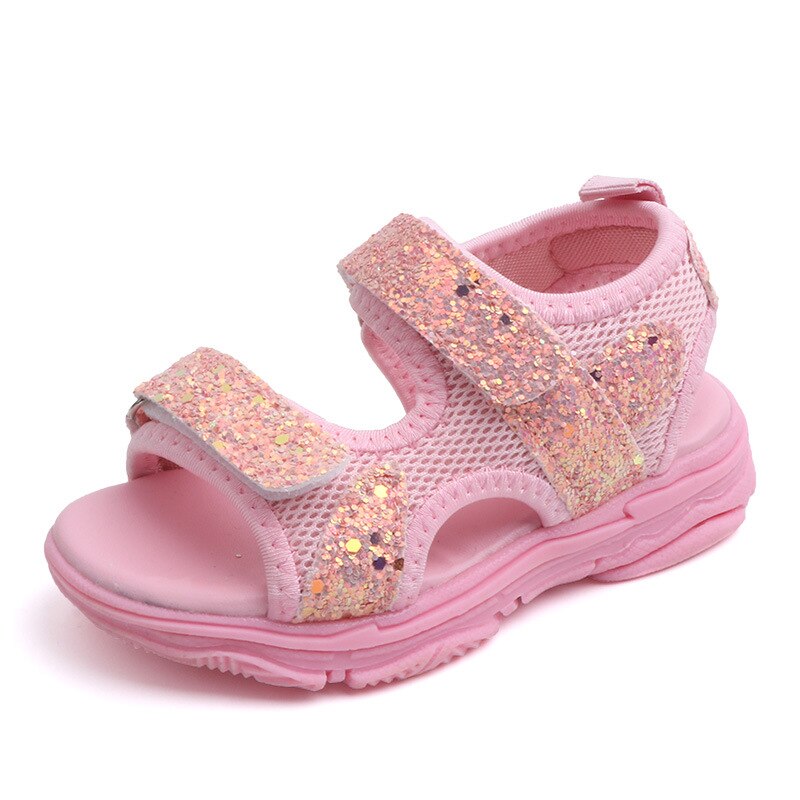 Atmungsaktive sommersandalen für kleine mädchen, süßer stil mit pailletten-Gittergewebe-verzierung, weiche sohle, rutschfeste strandschuhe für kleinkinder