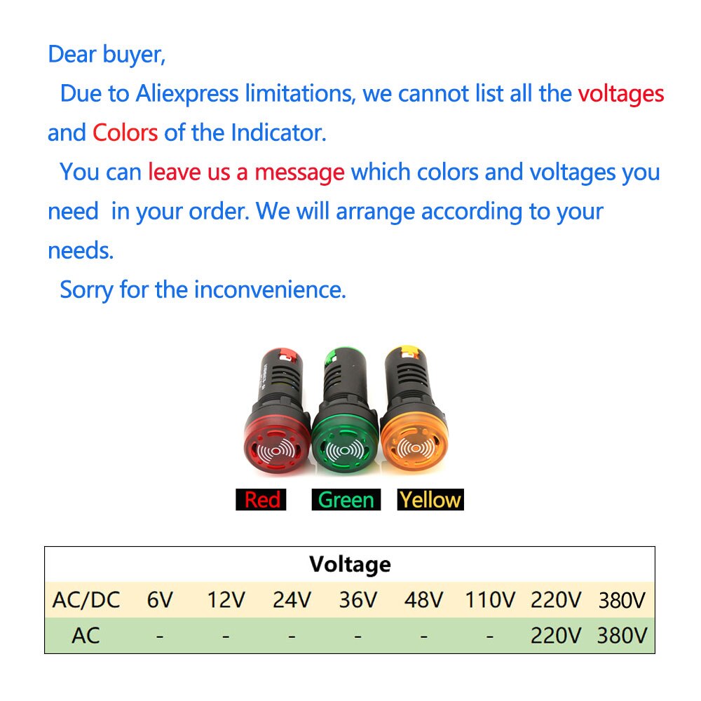 1 stk 22mm led alarm indikator lys signal lampe blink buzzer ac /dc 12v 24v 110v dc220v 380v rød grøn gul