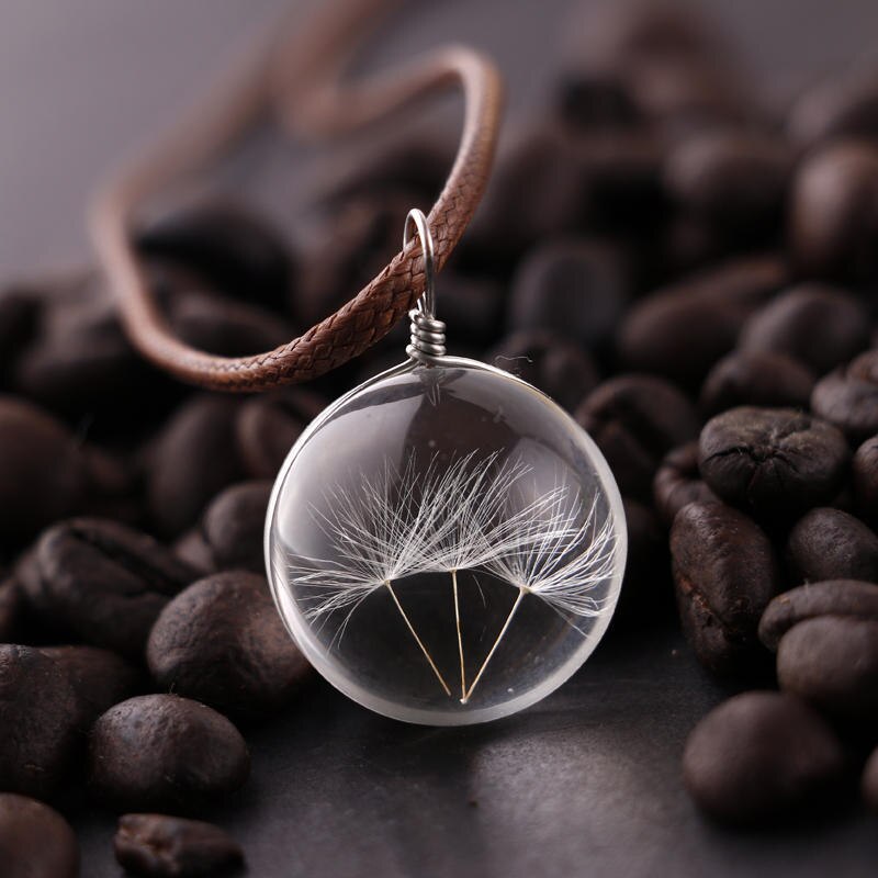 Runde Löwenzahn getrocknete Blume Anhänger Halskette Charme natürliche Löwenzahn Glas Cabochon transparent Glücklich Wunsch Glaskugel Schmuck: Hellgelb Gold Farbe