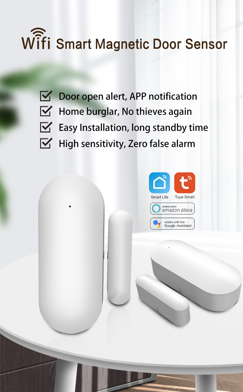Tuya Smart Wifi Window Door Sensor Magnetic Switch Open Detector Protection Security Alert Alarm Smart Life APP