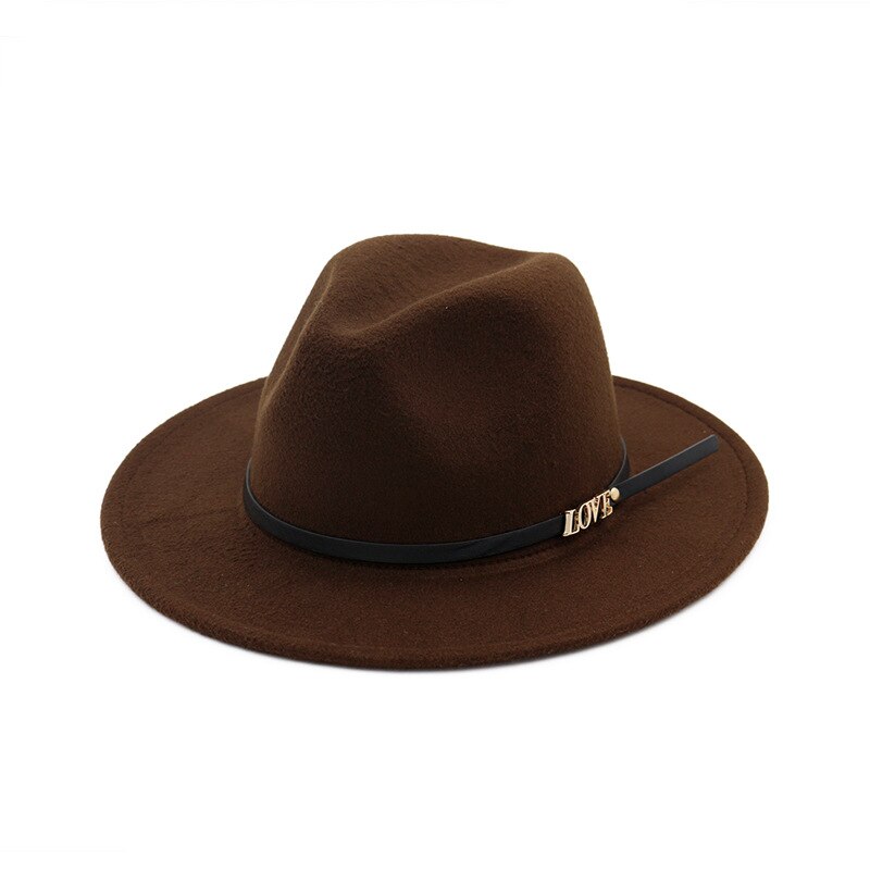 Men Wool Fedora Hat Wide Brim Women Faux Woolen Ladies Fedora LOVE Logo Jazz Hat Belt Caps Bowler Felt Hats Autumn Winter: Brown