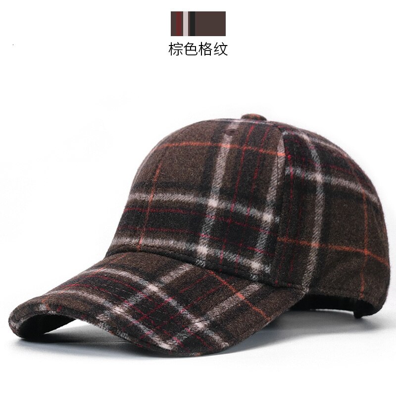 Kvinder og mænd vinter udendørs varm filt toppede kasketter far afslappet tyk casquette voksen plaid uld baseball hatte 55-62cm: Brun