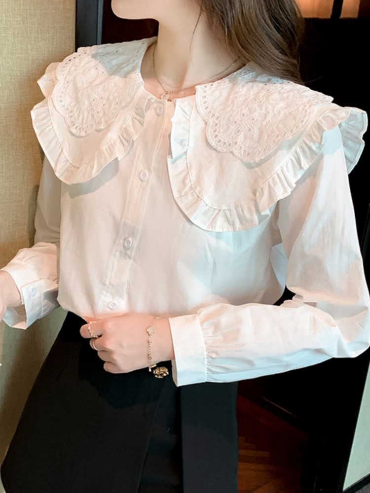 Primavera Patchwork blusa blanca Color sólido manga larga cuello Peter Pan camisa suelta Tops coreana ropa de mujer