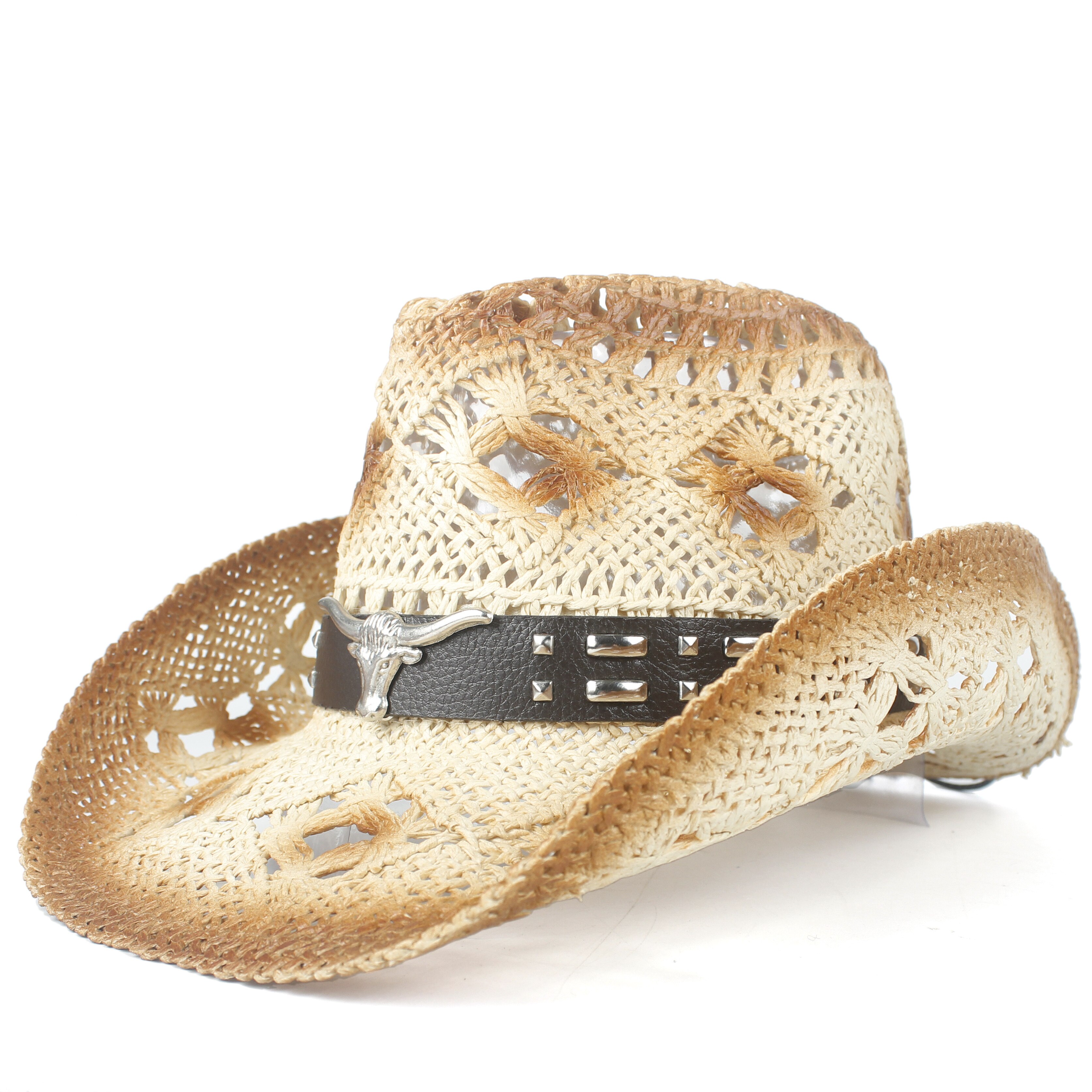Halm hule vestlige cowboy hat kvinder mænd handmadepunk sombrero hombre strand cowgirl jazz sol hat størrelse 56-58cm: Khaki