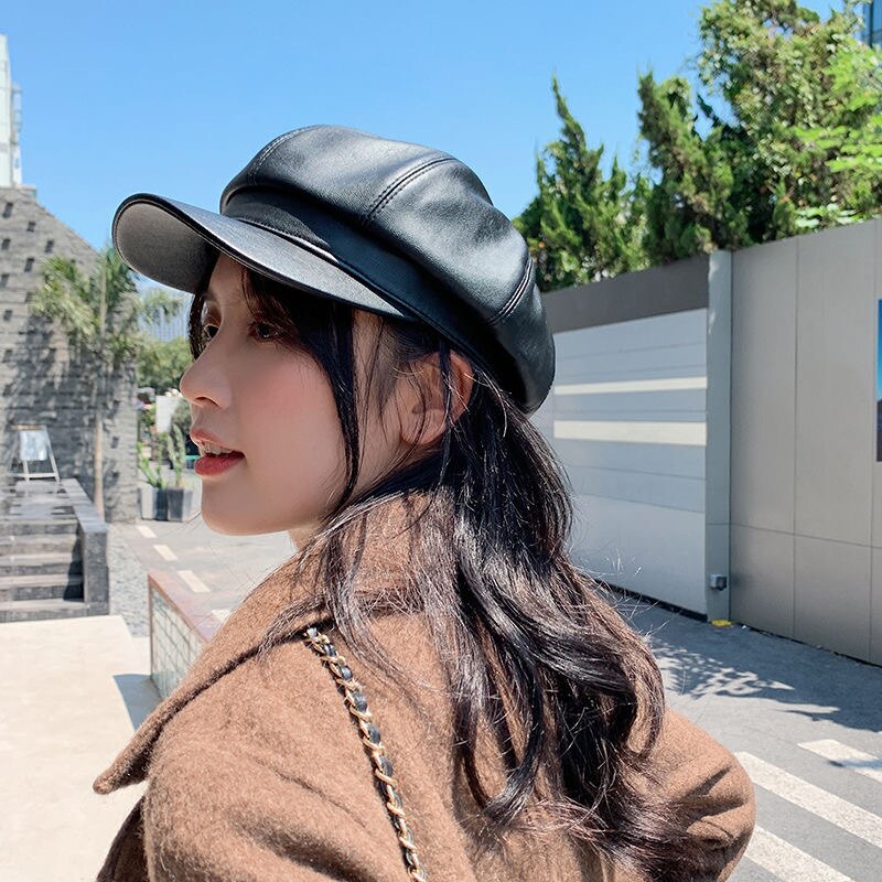 PU Leather Beret Hat Solid Female Autumn Winter Korean Student Wild Round British Style Octagonal Hats Pumpkin Cap
