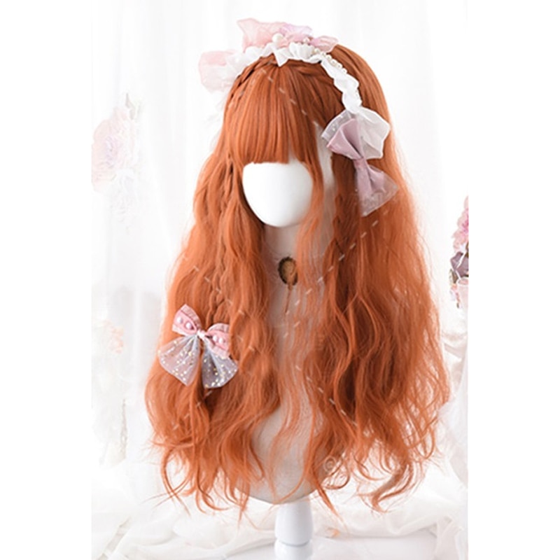 Cosplaysalon 70CM Lolita Dark Oranje Lang Krullend Pony Halloween Leuke Party Synthetisch Haar Cosplay Pruik