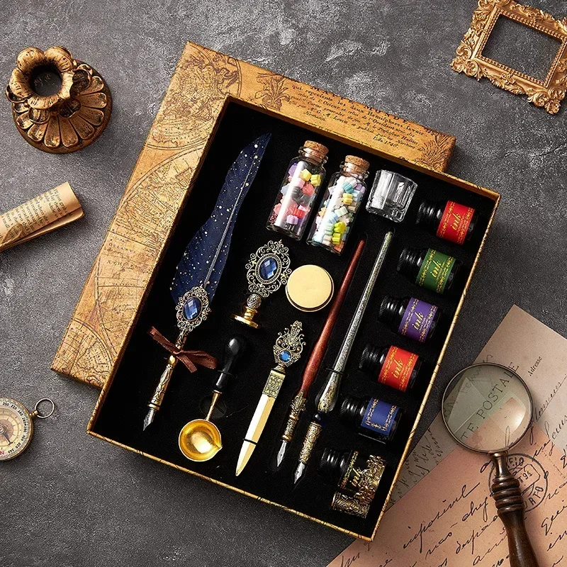 European Style Quill Pens Set with Ink Retro Dipping Quill Pen Lacquer Seal Student Dip Pencil Feather Pen: Blue