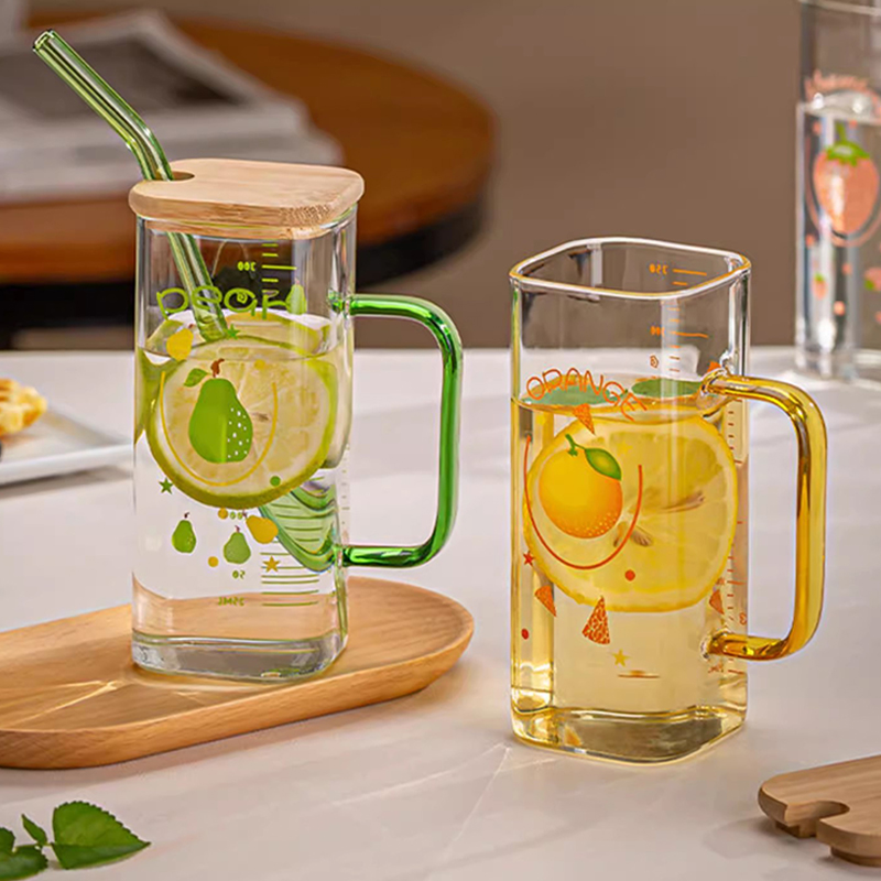 Taza de vidrio con pajita y báscula, vaso transparente con tapa y mango para café helado, taza para beber zumo, leche y té, 350ml