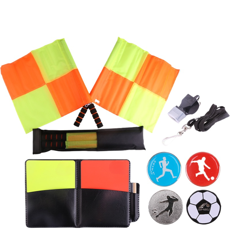 Jeu de cartes d'arbitre de football, drapeau de patrouille d'arbitre, carte rouge et jaune avec crayon, carte d'avertissement de football et cueilleur de bord